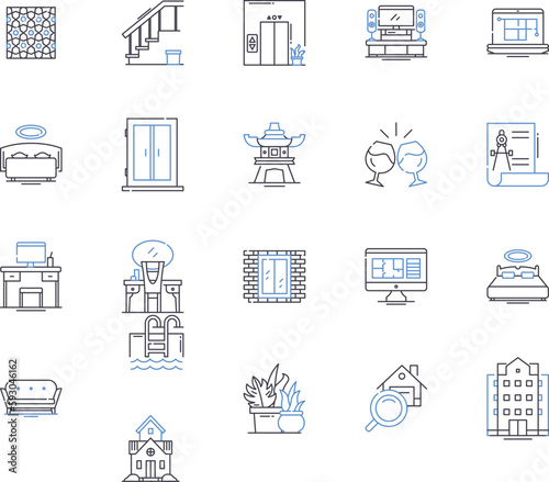 interior design studio outline icons collection. Interior, Design, Studio, Residential, Commercial, Bedrooms, Kitchens vector and illustration concept set. Living, Spaces, Consulting linear signs