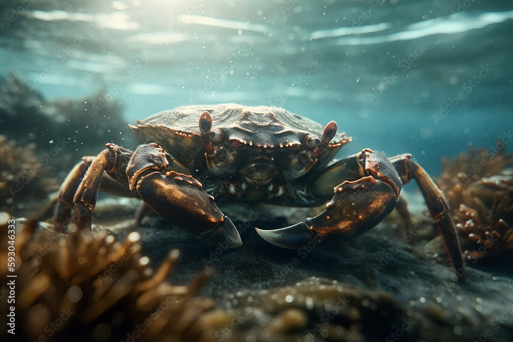 Closeup detail of a crab under water. Sea life illustration.