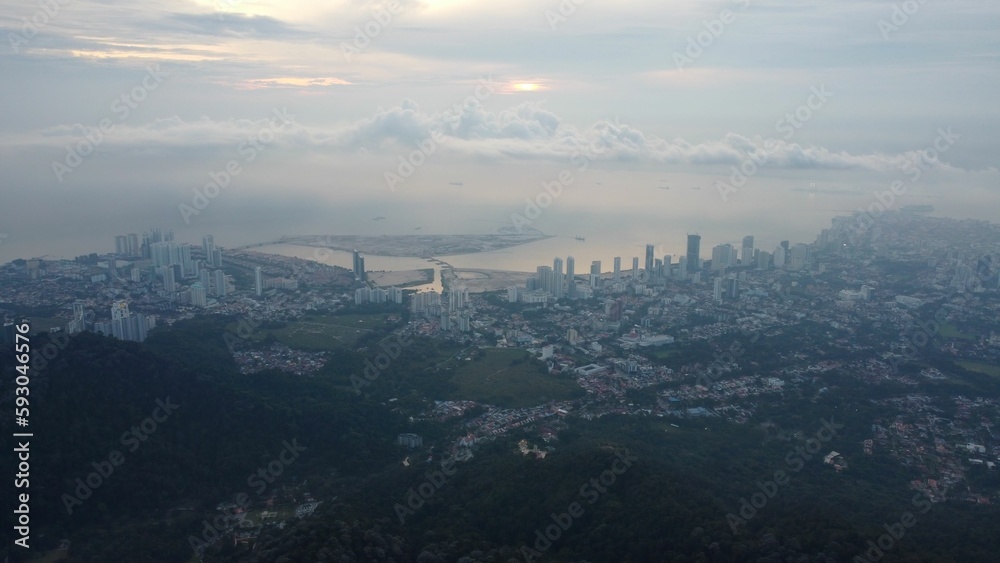 Bird's eye view of Penang town in Malaysia on a foggy day