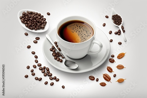 White backdrop with coffee cup and beans. The clipping path is in the file. Generative AI