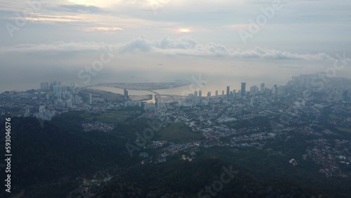 Bird's eye view of Penang town in Malaysia on a foggy day