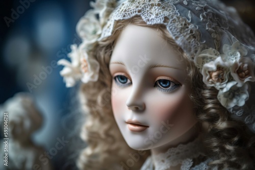 doll with blue eyes and blond curls has a white cap on her head created with Generative AI technology