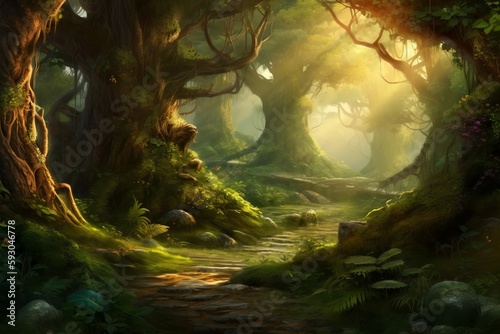 Fantasy forest landscape. Life in the magical woods. Illustration