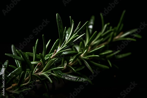 Fresh rosemary herb leaves isolated on the black background. Generative AI