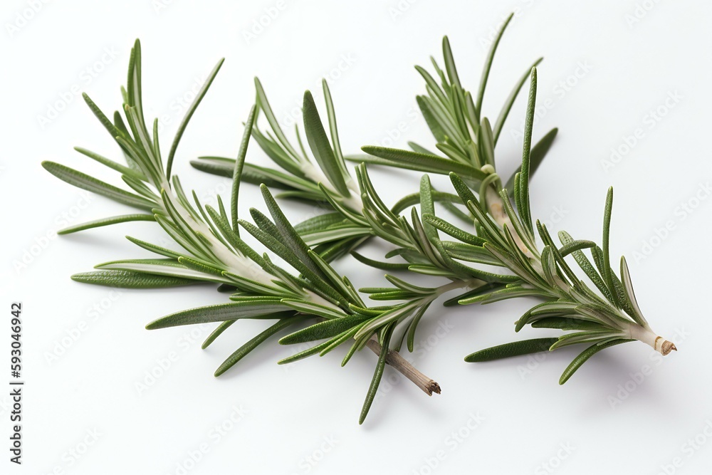 Fototapeta premium Fresh rosemary herb leaves isolated on the white background. Generative AI