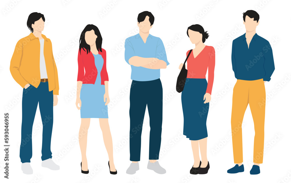Fototapeta premium Set of young men and women, different colors, cartoon character, group of silhouettes of standing business people, students, the design concept of flat icon, isolated on white background