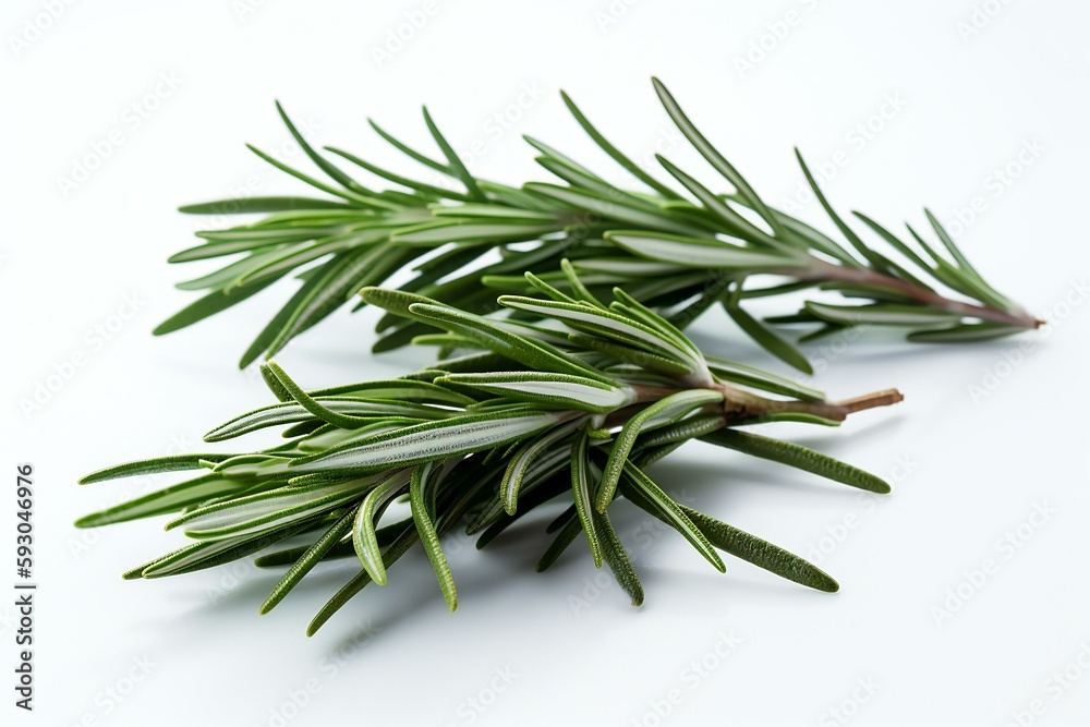 Fototapeta premium Fresh rosemary herb leaves isolated on the white background. Generative AI