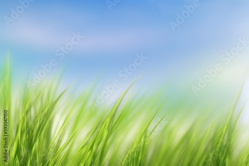 With grass in the meadow and blue sky in the background, a spring or summer abstract nature background. Generative AI © Lasvu