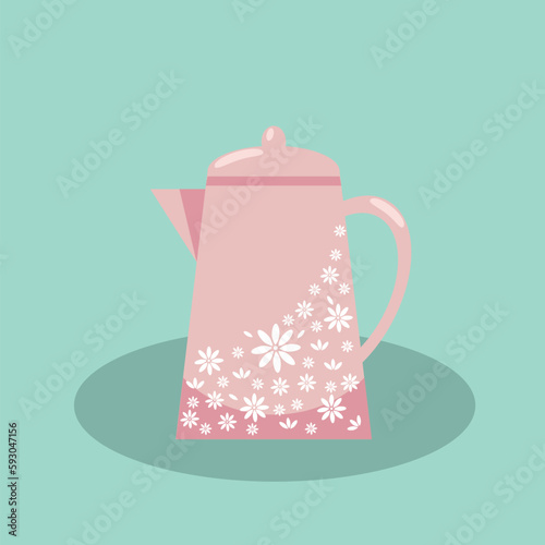 Vector illustration. Teapot in pink with white flowers on a greenish background. Teapot in spring style