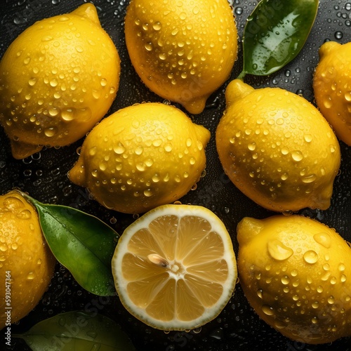 Detailed closeup picture of fresh lemons. Water drops are on their surface. Illustration