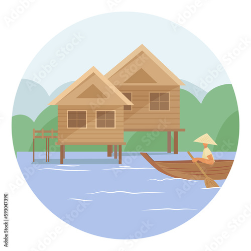 Landscape with houses on the water and a man in a boat. Vector flat illustration.