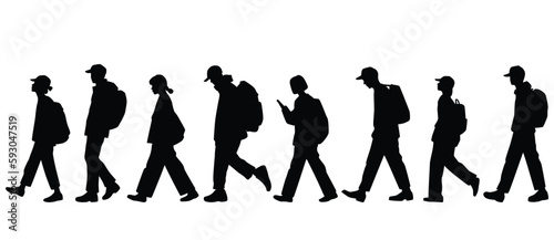 Vector silhouettes of men and a women, with backpack a group of walking business people, studets traveling, profile, black color isolated on white background