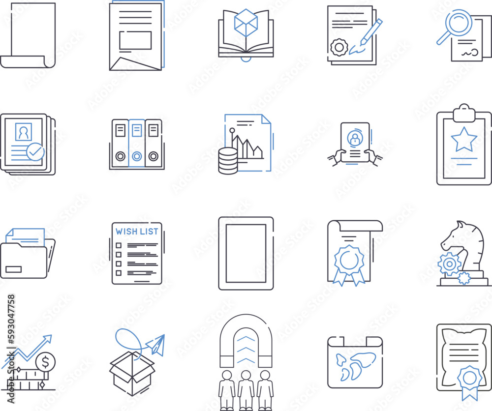 Office documentation outline icons collection. Office, Documentation, Files, Paperwork, Records, Manuals, Guidelines vector and illustration concept set. Forms, Reports, Books linear signs