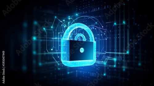 Cybersecurity lock, technological environment with big data connection illustration 