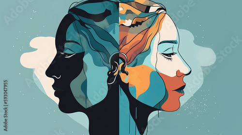 Woman with two heads, mental health awareness illustration