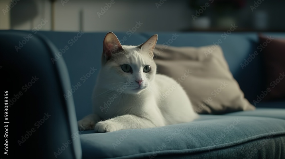 Katze/Kater liegt gemütlich auf dem Sofa und guckt neugierig, generative AI