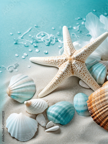 Seashell, starfish and beach sand, Summer holiday concept. Generative AI