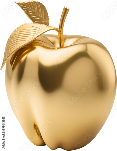 Golden apple isolated. Gold fruit apple on transparent background. Generative AI