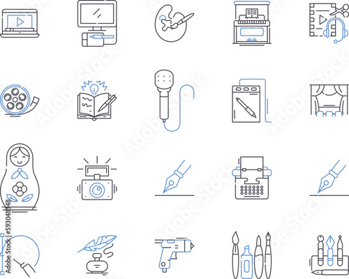 Creative occupation outline icons collection. Artist, Designer, Musician, Writer, Architect, Animator, Poet vector and illustration concept set. Director, Sculptor, Potter linear signs