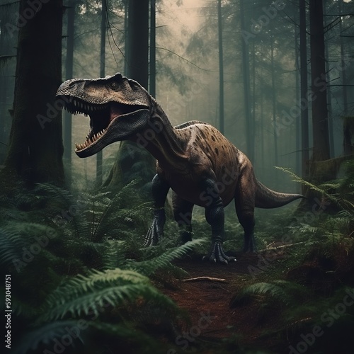 Ferocious t-rex monster in the woods. Dinosaur character.