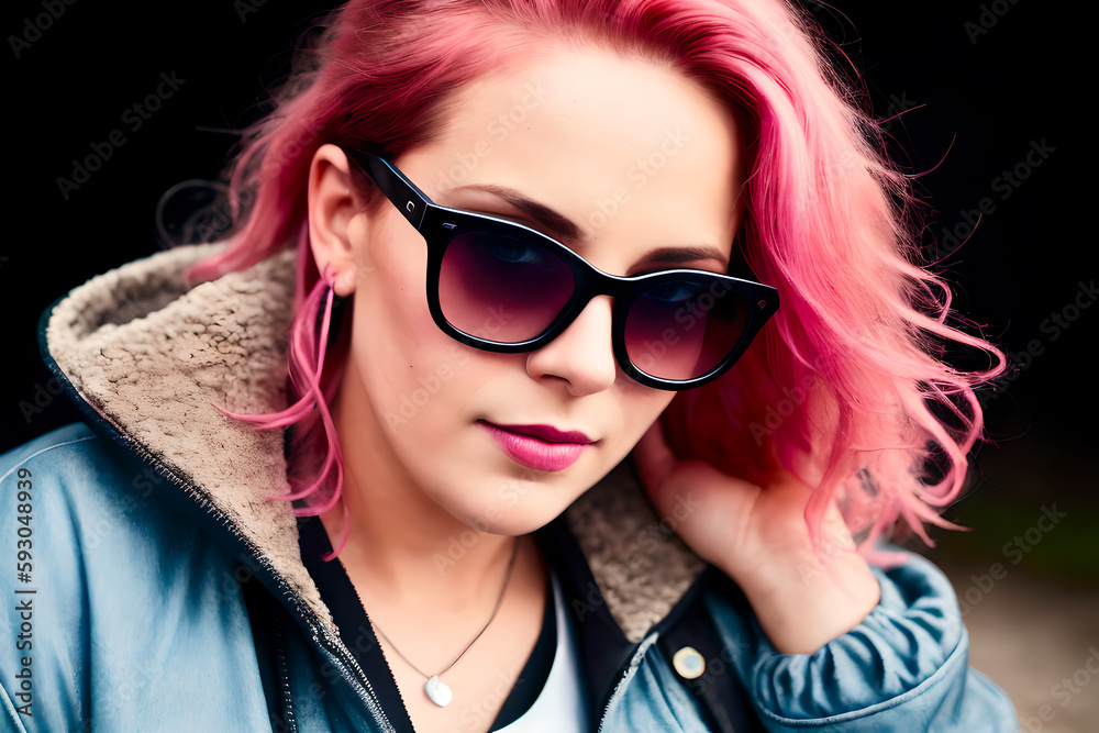Naklejka premium Portrait of a plus size senior woman, overweight fat body with messy red-pink hair. Concept of body positive. Generative AI