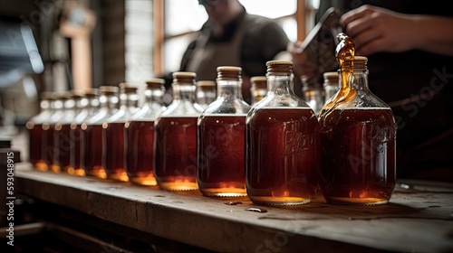 Maple syrup in glass bottles