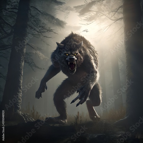 Mysterious werewolf character in the woods. Mythology figure. photo