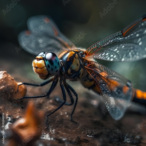Closeup detail of a dragonfly in its natural environment. Insect illustration