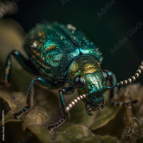 Closeup detail of a green beetle in its natural environment. Insect illustration © paranoic_fb