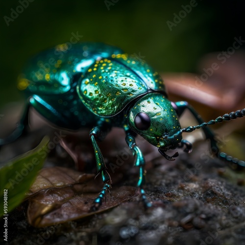 Closeup detail of a green beetle in its natural environment. Insect illustration