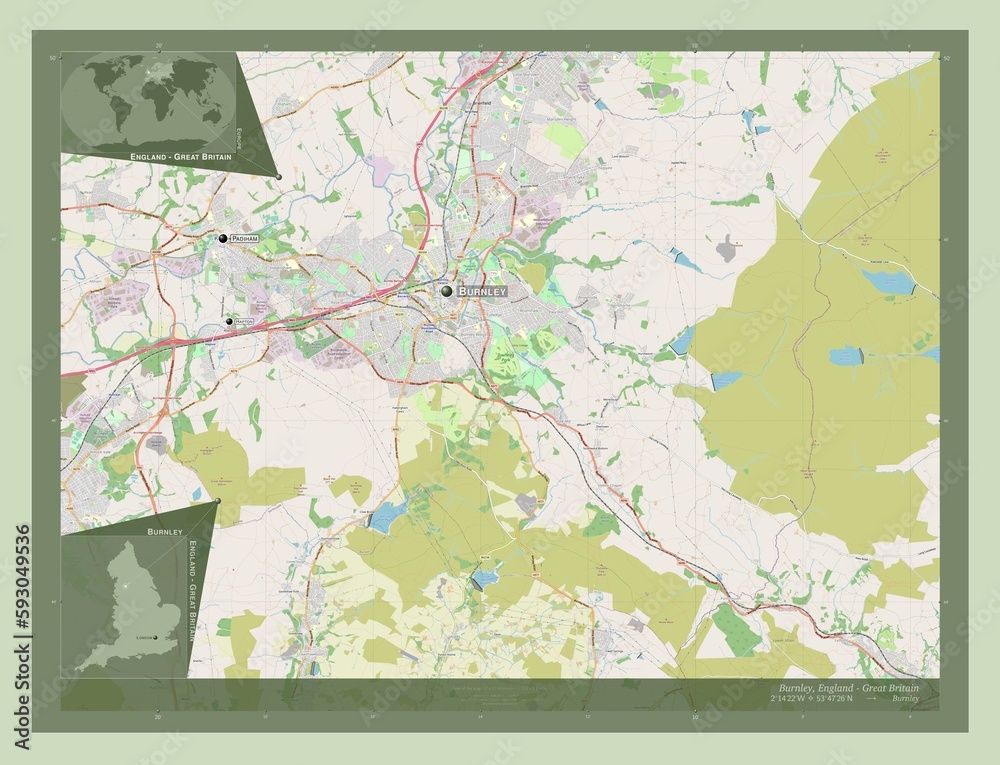 Fototapeta premium Burnley, England - Great Britain. OSM. Labelled points of cities