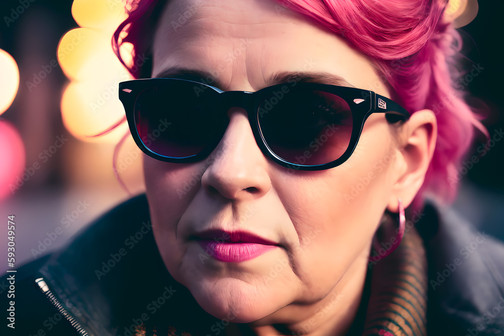 Portrait of a plus size senior woman, overweight fat body with messy red-pink hair. Concept of body positive. Generative AI Portrait of a plus size senior woman, overweight fat body with messy red-pink hair. Concept of body positive. Generative AI