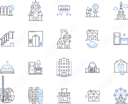 Houses and household outline icons collection. House, Household, Home, Dwelling, Residence, Abode, Villa vector and illustration concept set. Cottage, Condo, Apartment linear signs