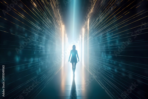 A futuristic image of a woman from behind entering a vortex portal or energy portal or merging with artificial intelligence or entering into contact with a pulsating extraterrestrial light