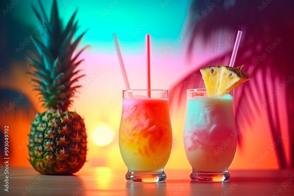Tropical colorful cocktails with pineapple on a tropical beach at sunset, generative ai
