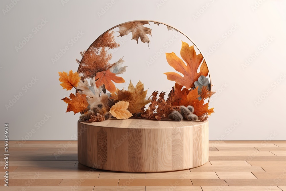 A circular wooden pedestal and autumn foliage -. Generative AI