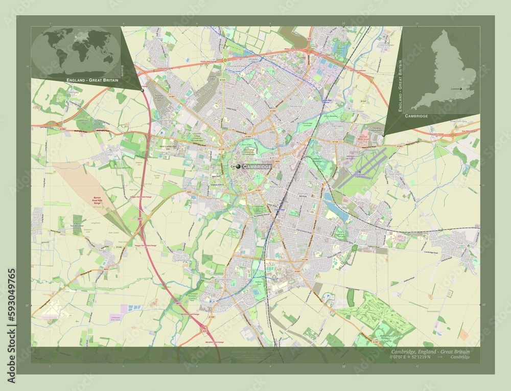 Cambridge, England - Great Britain. OSM. Labelled points of cities