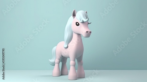 Animated white horse on light blue background. Copy space for text. Generative ai illustration