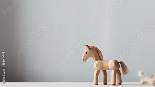 Wooden toy horse on light gray background. Copy space for text. Minimalistic generative ai horse figurine illustration