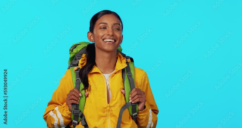 Backpack, breathe and woman face in studio with travel and journey happiness. Isolated, blue background and young person feeling relax with a happy smile ready for vacation and adventure with mockup Backpack, breathe and woman face in studio with travel and journey happiness. Isolated, blue background and young person feeling relax with a happy smile ready for vacation and adventure with mockup
