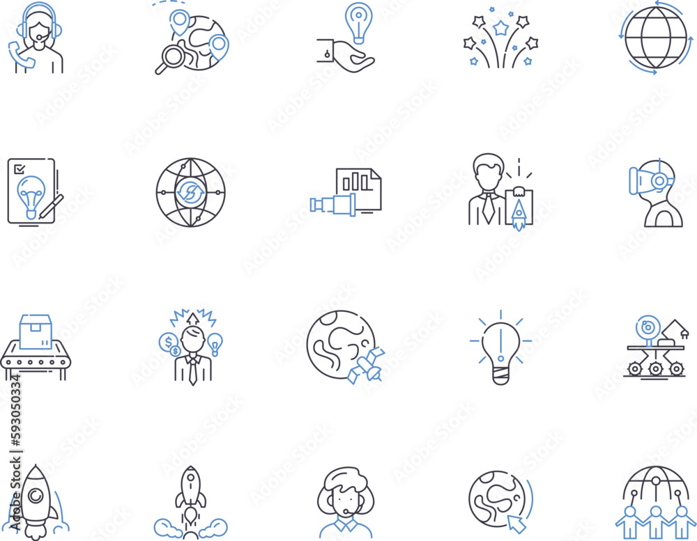 Innovations outline icons collection. Invent, Advance, Improve, Create, Develop, Refine, Craft vector and illustration concept set. Originate, Pioneer, Reengineer linear signs