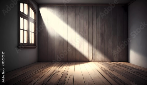 Interior of a room with a window. walls and laminate flooring. Rays of light from the window. Copy space. Generative AI