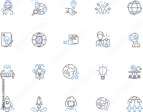 Innovations outline icons collection. Invent, Advance, Improve, Create, Develop, Refine, Craft vector and illustration concept set. Originate, Pioneer, Reengineer linear signs