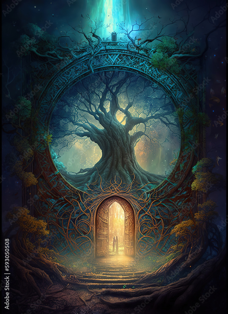 Sacred fantasy tree of life with afterlife portal gate leading to ...