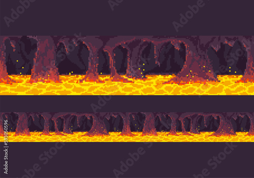 Dungeon pixel landscape. The seamless scene with a lava lake.