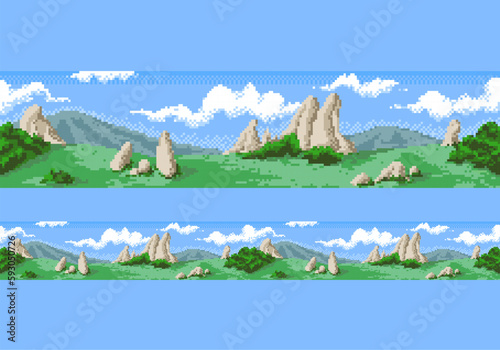 Mountain pixel landscape. The seamless scene with nature and mountains.