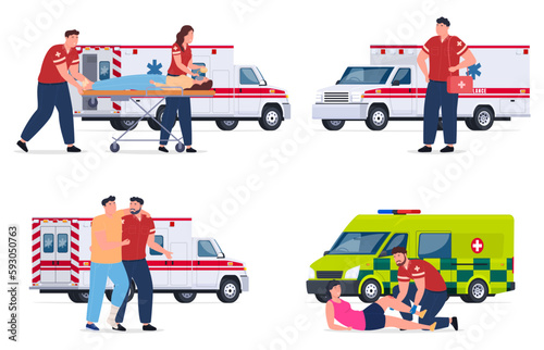 Employees of ambulance doctors on the background of an ambulance. Specially equipped vans for providing assistance to the sick. Vector illustration