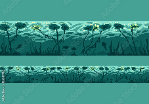 Underwater pixel landscape. The seamless scene with underwater nature, plants, and fish.