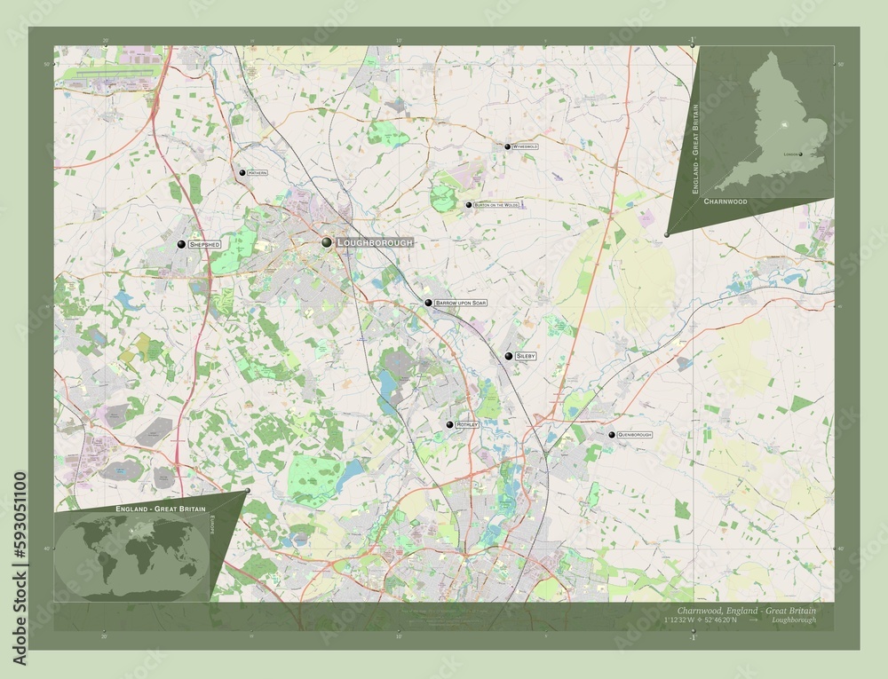 Fototapeta premium Charnwood, England - Great Britain. OSM. Labelled points of cities