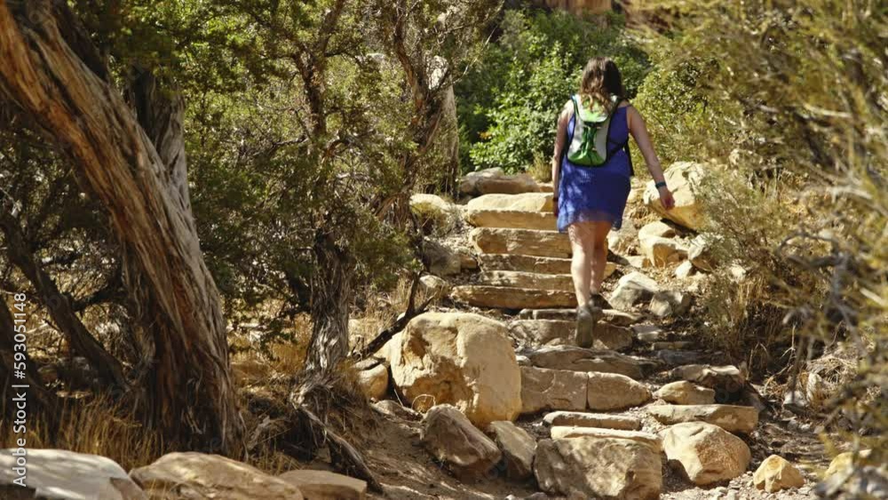young woman hiking on desert path young woman hiking on desert path